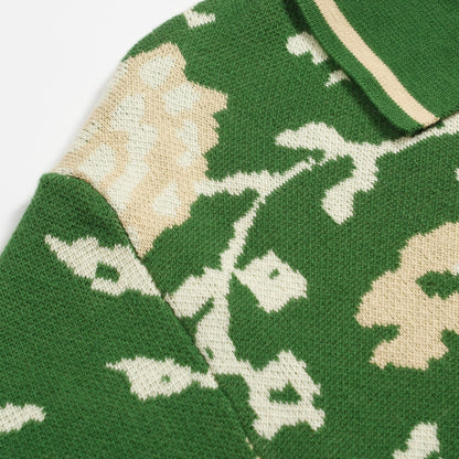 Men's Green Floral Jacquard V-Neck Knitted Polo