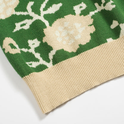 Men's Green Floral Jacquard V-Neck Knitted Polo