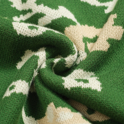 Men's Green Floral Jacquard V-Neck Knitted Polo