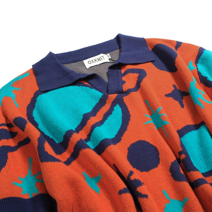 Men's Vintage Knitted V-Neck Polo, Orange