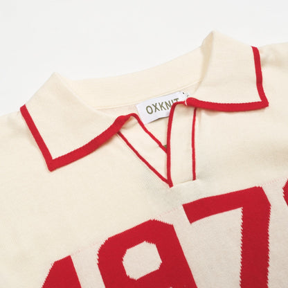 Men's V-Neck Knitted Polo in White Apricot 1976