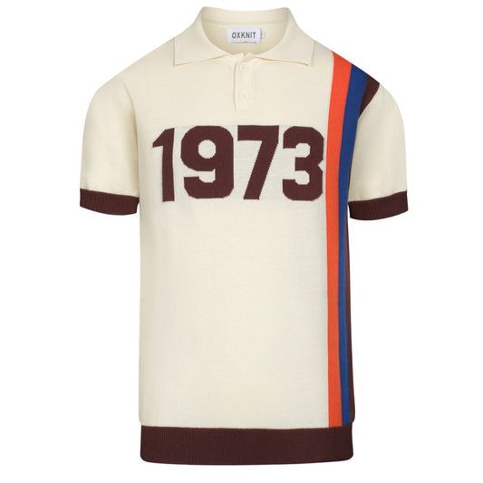 Vintage 1973 Jacquard Knitted Polo for Men in Apricot White