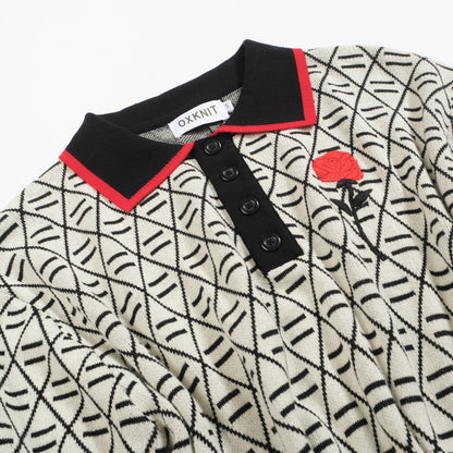 Black Jacquard Knit Polo for Men