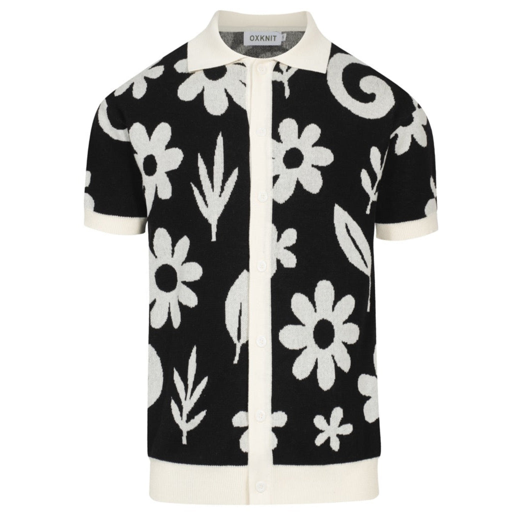 Vintage Black Floral Knit Cardigan for Men