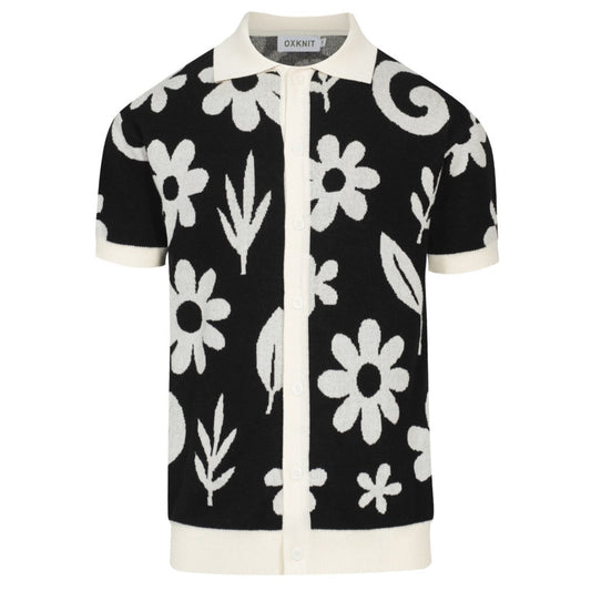 Vintage Black Floral Knit Cardigan for Men