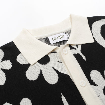 Vintage Black Floral Knit Cardigan for Men