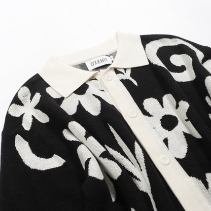 Vintage Black Floral Knit Cardigan for Men