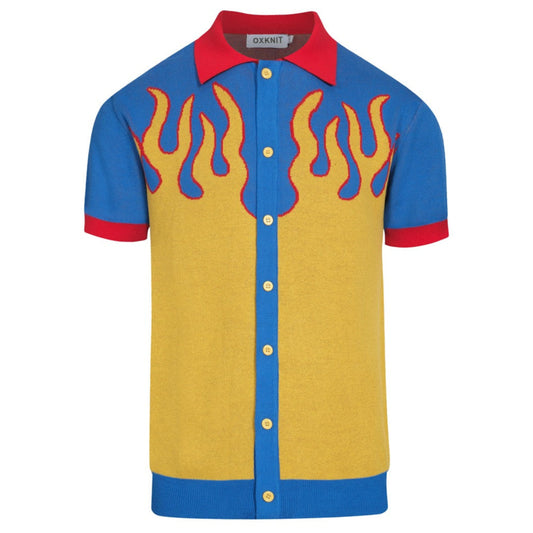 Retro blue flames jacquard knit shirt for men