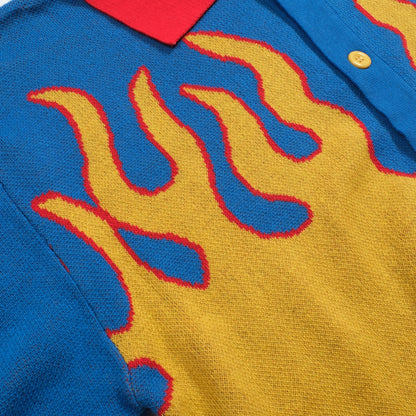 Retro blue flames jacquard knit shirt for men