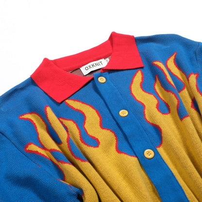 Retro blue flames jacquard knit shirt for men