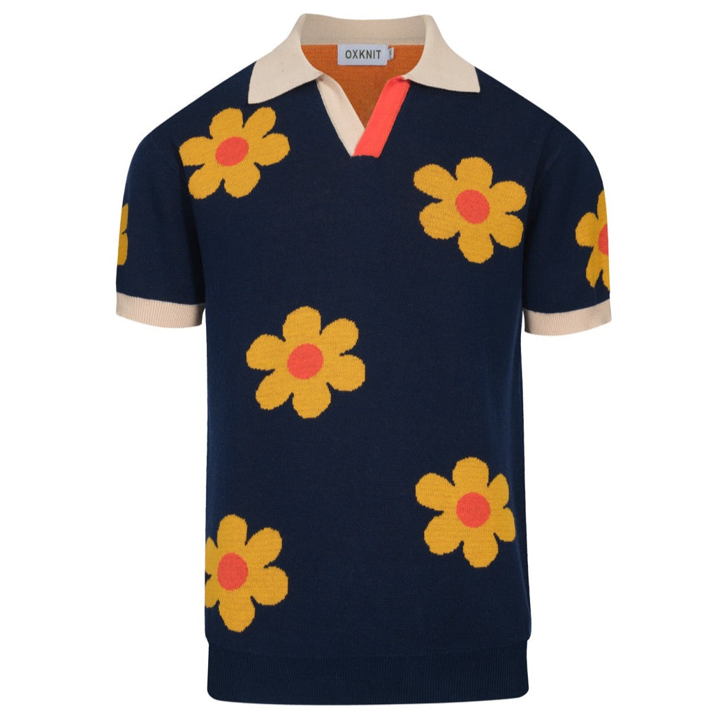 Vintage jacquard knitted V-neck floral shirt for men