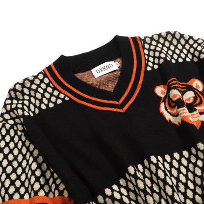 Retro Jacquard Knit V-Neck T-Shirt for Men