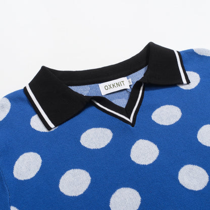 Retro blue polka dot jacquard polo for men