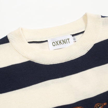 Navy striped animal embroidery knitted T-shirt for men