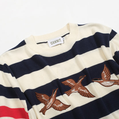Navy striped animal embroidery knitted T-shirt for men