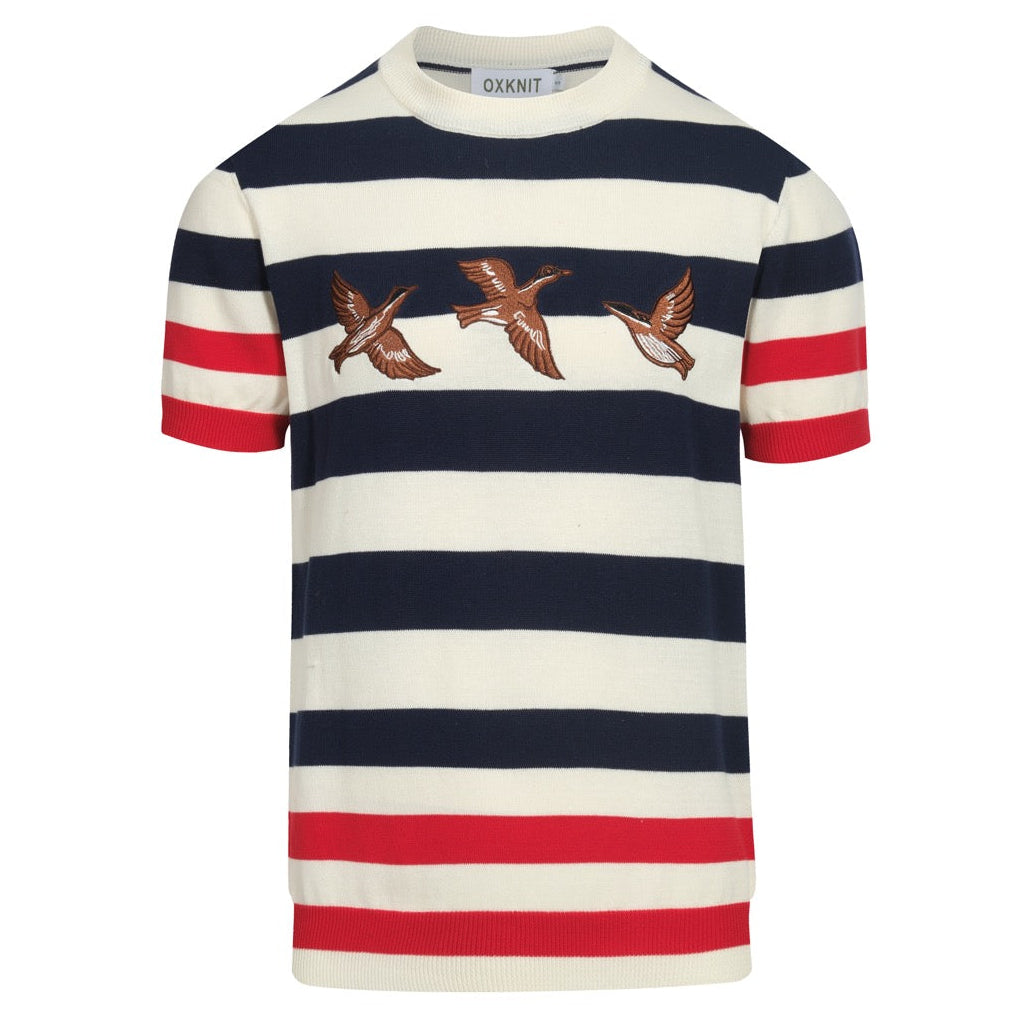 Navy striped animal embroidery knitted T-shirt for men