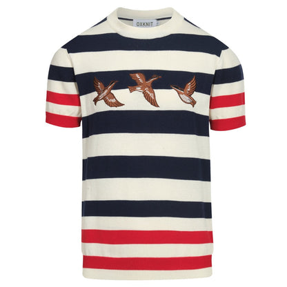 Navy striped animal embroidery knitted T-shirt for men
