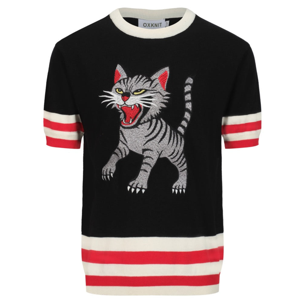 Black knitted T-shirt for men with cat embroidery