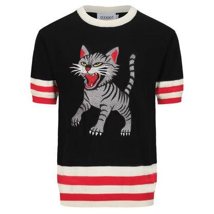 Black knitted T-shirt for men with cat embroidery