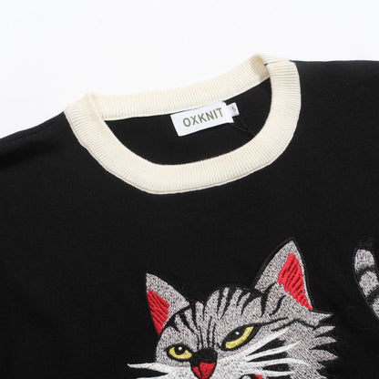 Black knitted T-shirt for men with cat embroidery