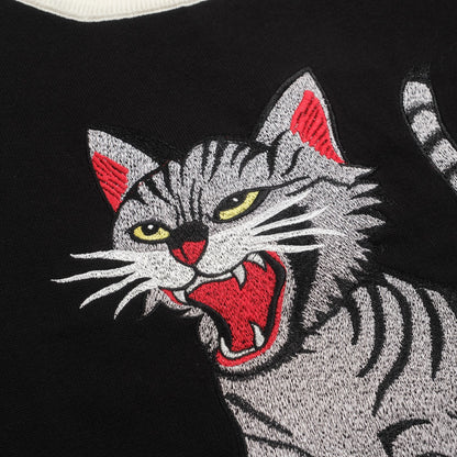 Black knitted T-shirt for men with cat embroidery