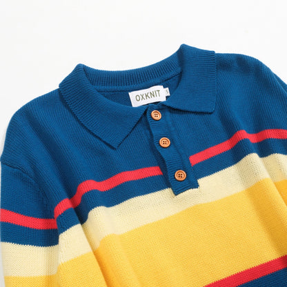 Retro striped blue knitted polo for men