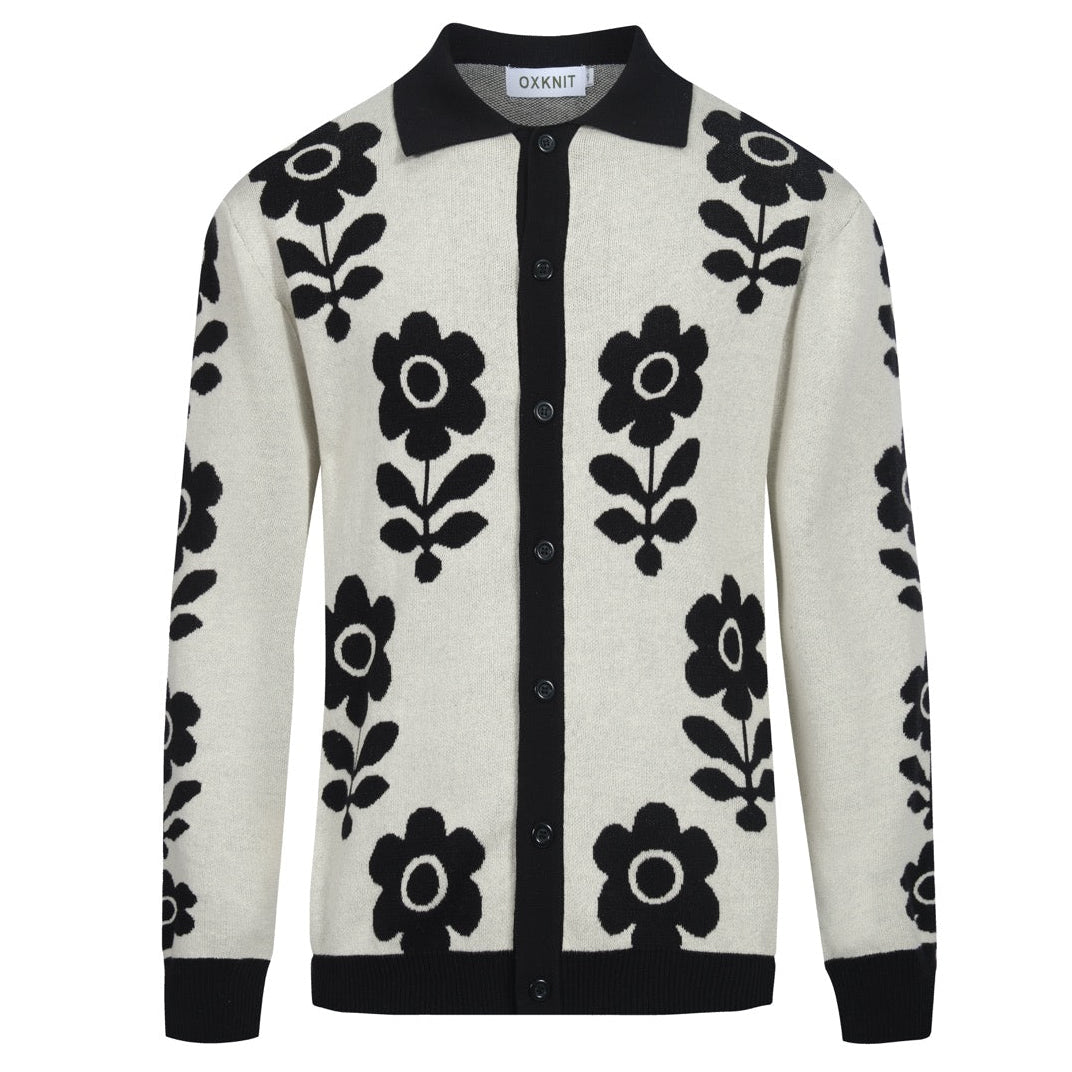 Vintage Black Knitted Flower Cardigan for Men