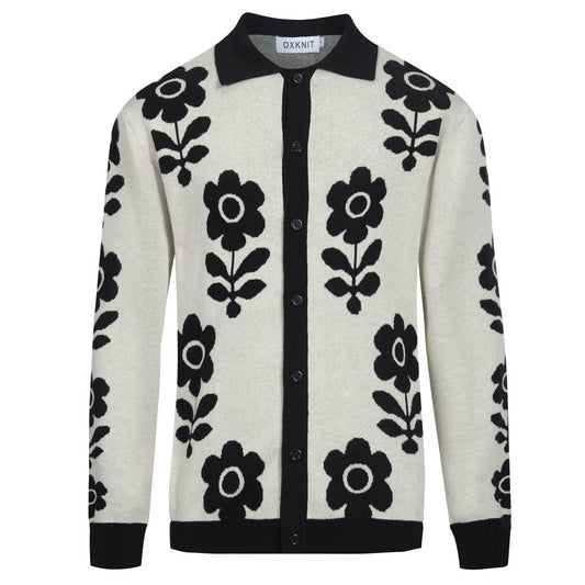 Vintage Black Knitted Flower Cardigan for Men