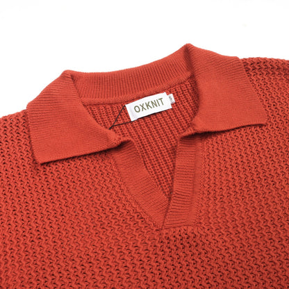 Vintage V-neck knitted polo in brown-orange wool