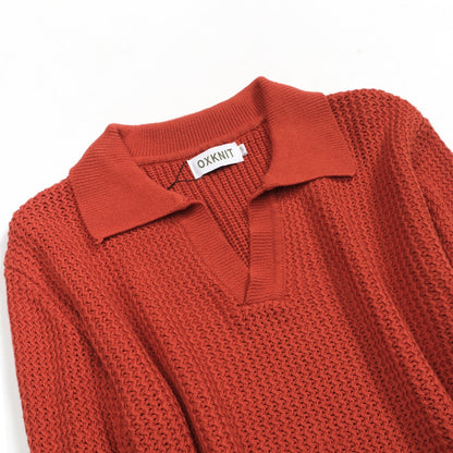 Vintage V-neck knitted polo in brown-orange wool