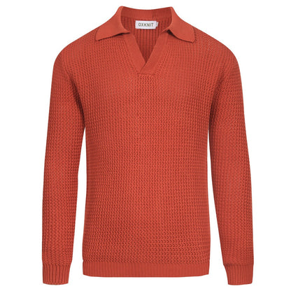 Vintage V-neck knitted polo in brown-orange wool