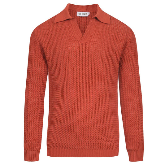 Vintage V-neck knitted polo in brown-orange wool