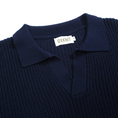 Casual Retro V-Neck Knit Polo in Navy Blue for Men