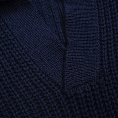 Casual Retro V-Neck Knit Polo in Navy Blue for Men