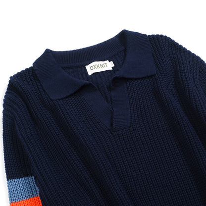 Casual Retro V-Neck Knit Polo in Navy Blue for Men