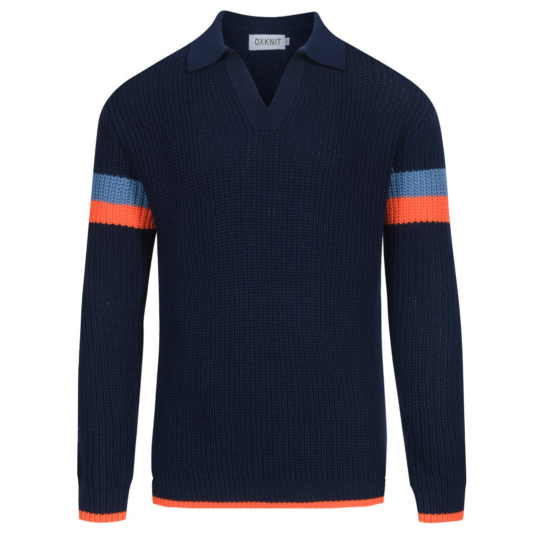Casual Retro V-Neck Knit Polo in Navy Blue for Men