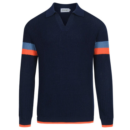 Casual Retro V-Neck Knit Polo in Navy Blue for Men