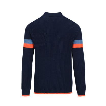 Casual Retro V-Neck Knit Polo in Navy Blue for Men