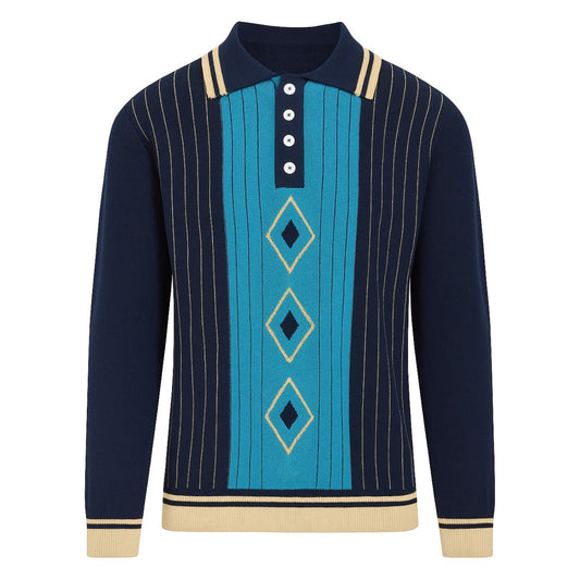 Men's Retro Striped Navy Blue Knitted Polo