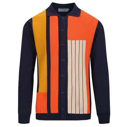 Vintage navy blue knitted jacquard cardigan for men