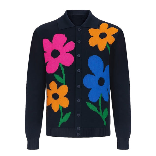 Navy Blue Floral Jacquard Vintage Cardigan for Men