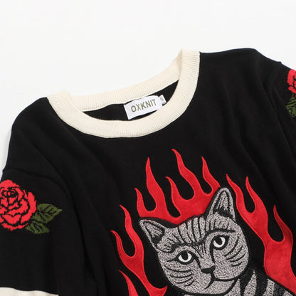Men's Flame Cat Jacquard Knit T-shirt, Embroidered in Pink