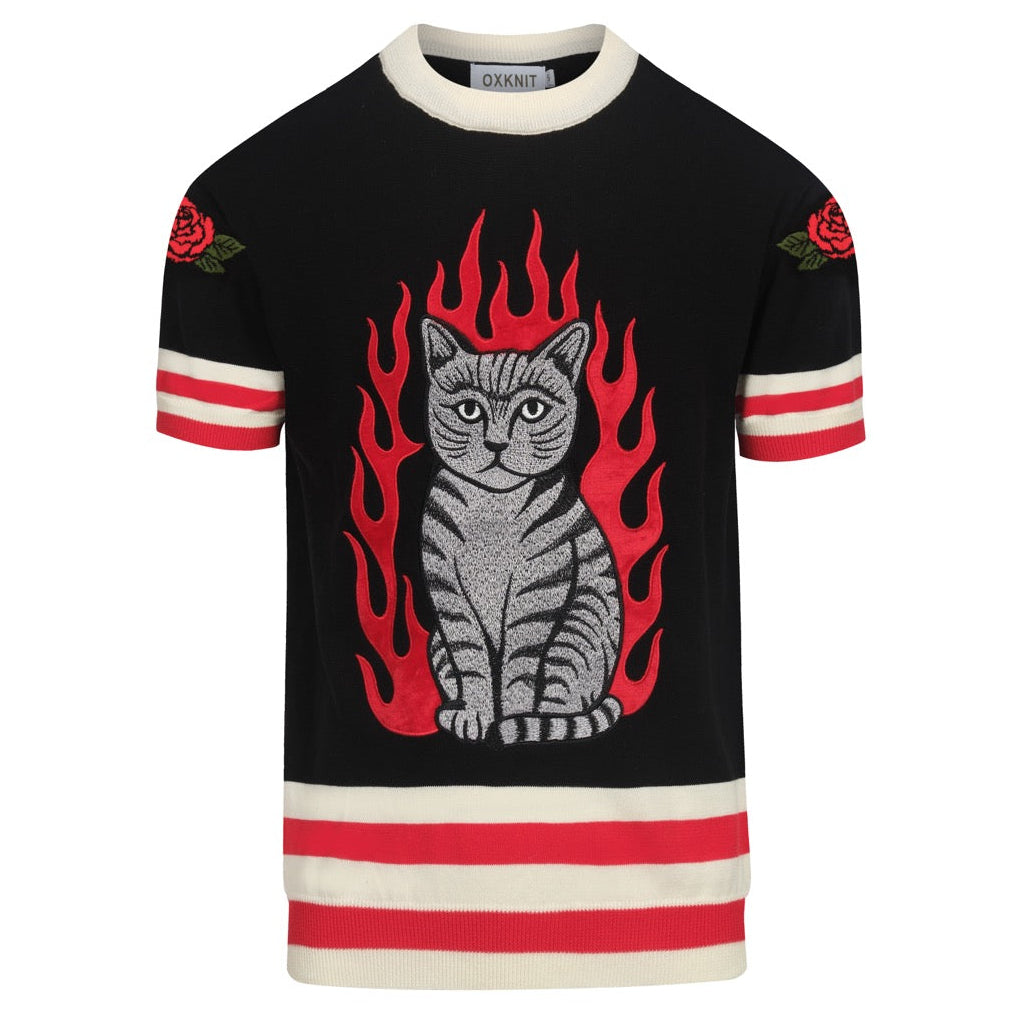 Men's Flame Cat Jacquard Knit T-shirt, Embroidered in Pink