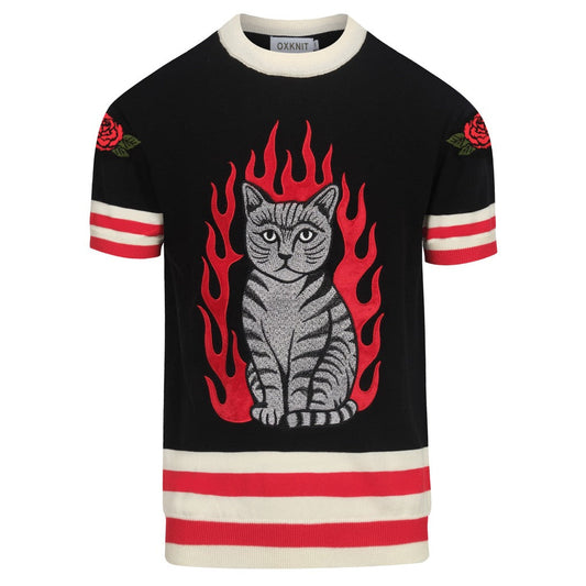 Men's Flame Cat Jacquard Knit T-shirt, Embroidered in Pink