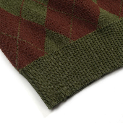 Vintage Green Diamond Check Knit Zipped Cardigan for Men