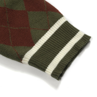 Vintage Green Diamond Check Knit Zipped Cardigan for Men