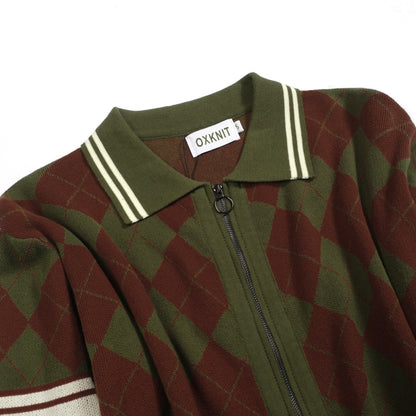 Vintage Green Diamond Check Knit Zipped Cardigan for Men