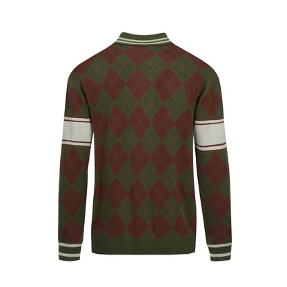 Vintage Green Diamond Check Knit Zipped Cardigan for Men