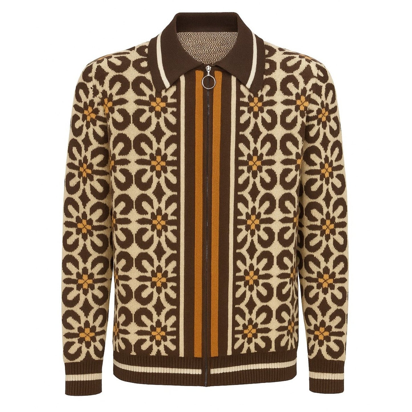 Vintage Brown Jacquard Zip Cardigan for Men from the 1960s