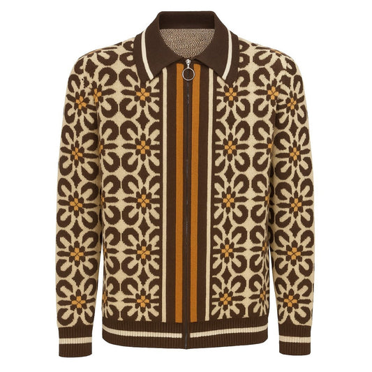 Vintage Brown Jacquard Zip Cardigan for Men from the 1960s